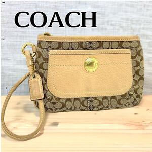 COACH コーチ キャンバス シグネチャー ミニ ポーチ ベージュ