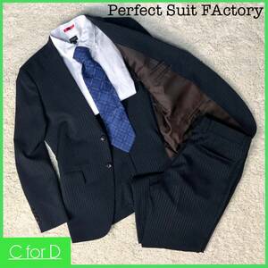 美品★Perfect Suit FActory★Y5 (Mサイズ相当) パーフェクトスーツファクトリー メンズ 紺色 セットアップスーツ ストライプ 背抜き J135