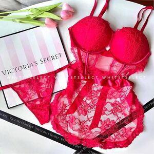 【サイズＭ】エプロンテディ＆Tバックセット レッド Victoria