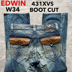 即決 W34 エドウィン EDWIN 431XVS ブーツカット フレア コンチョボタン フラップポケット ユーズドヒゲ加工 日本製 オレンジステッチ