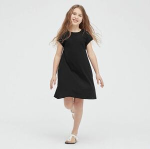 新品☆UNIQLO☆スムースコットンフレンチスリーブワンピース 120サイズ ブラック 黒 半袖 冠婚葬祭 礼服 GIRLS キッズ フレア スカート