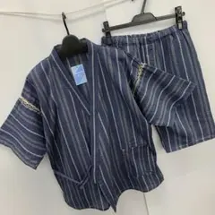 新品★夏物★メンズ★Lサイズ★綿混素材★縞柄しじら甚平上下セット 青