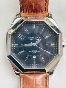 NEWMAN ニューマン 腕時計 ウォッチ クォーツ quartz デイト オクタゴン 銀 シルバー 茶 ブラウン　現在不動　現状品