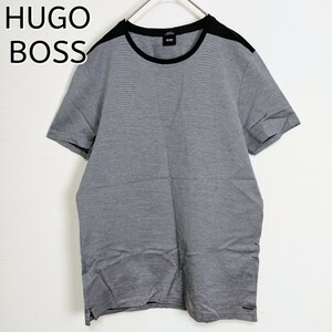 【人気デザイン】HUGO BOSS ヒューゴボス☆メタルプレート付リンガーTシャツ　極細ボーダー　白黒　BLACK WHITE　切替　Sサイズ　半袖