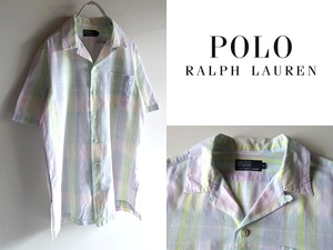 ネコポス可 90s Polo by Ralph Lauren ポロ ラルフローレン インドマドラスチェック コットン 開襟 ボックス オープンカラーシャツ M 半袖