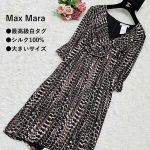 極美品 最高級白タグ MaxMara【シルク100% ロングワンピース Ｖネック 総柄 大きいサイズ40 】マックスマーラ フレア 細見え 美ライン 