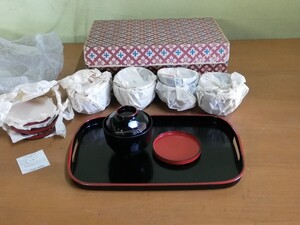 お椀と茶托揃 盆 汁椀 ぜんざい 合成漆器 古い未使用品 