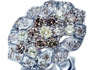 1円～【ジュエリー極】超豪華な輝き！天然ライトイエロー＆ブラウンダイヤモンド2.00ct 高級K18WGリング a1181ro【送料無料】