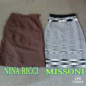 MISSONI / NINA RICCI ◆ ひざ丈スカート２点セット 5 48 こげ茶 白黒ボーダー柄 イタリア製 ◆ レディース 