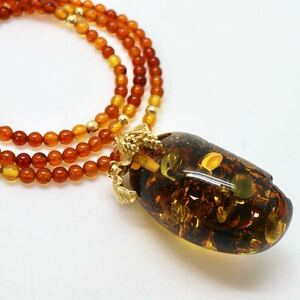 大ぶり!!良品!!＊K18天然本琥珀ネックレス＊j 約24.0g 約54.5cm コハク アンバー amber necklace jewelry EC4/ED4