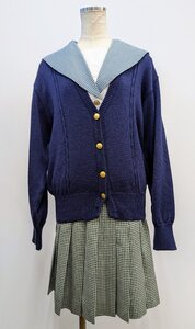 岡山就実高等学校 女子制服 夏服 半袖ブラウス 夏スカート W72cm サマーカーディガン 青 3点セット/使用感のある中古品