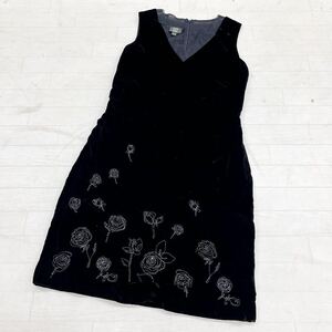 1534◎ Laura Ashley ローラ アシュレイ トップス ノースリーブ ワンピース ミニ丈 ベロア 生地 バラ刺繍 ブラック レディースUK12