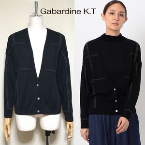 【美品】Gabardine K.T ギャバジンKT 定価3万 エキストラファインメリノウール ラメステッチ柄 Vネック カーディガン 9号 ブラック 日本製