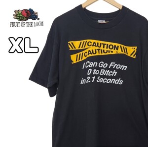 90s フルーツオブザルーム USA製 Tシャツ 半袖 ブラック 黒 古着 グッドプリント プリントTシャツ XL