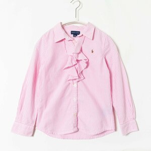 メール便◯ RALPH LAUREN ラルフローレン キッズ ストライプ柄 フリルシャツ 120 綿100% コットン ピンク 子供服 綺麗め ガーリー 女の子