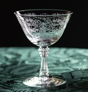 1940年代 フォストリア クリスタル ロマンス リボン フラワー エッチング シャンパン カクテルグラス 酒 アンティーク バーグラス