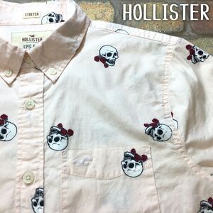 ★USA直輸入★状態良好!!★正規品★【HOLLISTER ホリスター】薔薇＆スカル 総柄 半袖 ボタンダウンシャツ[メンズ M] ベビーピンク K2-959