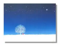 油絵　原画　風景　北欧　ブルー　メルヘン　雪　星　樹　アート　インテリア　F4