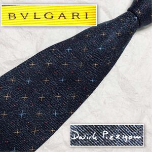 ■希少セッテピエゲ■BVLGARI ブルガリ　ネクタイ　星　スター　ドット　総柄　シルク100% イタリア製　ダークネイビー