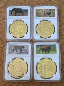 SJ72）ザンビア記念コイン『牛、虎、象、』4枚　金貨メダル　ケース入り