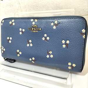 A Φ 【 COACH 】 コーチ 花 総柄 ロゴメタル ゴールド金具 レザー ラウンドファスナー 長財布 ウォレット 小銭入れあり 12カードポケット