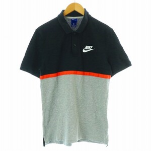 NIKE Match UP PQ NVLTY S/S Polo ポロシャツ カットソー 鹿の子 半袖 バイカラー ロゴ プリント コットン M 黒 ブラック グレー