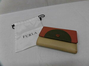 FURLA フルラ GENUINE LEATHER レザー 三つ折り財布 ウォレットケース サイフ 小銭入れ カード入れ ベージュ×ブラウン×グリーン 茶 緑 