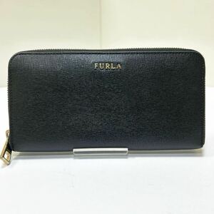 ★FURLA フルラ　ラウンドジップ 長財布★　サフィアーノレザー　小銭入れ有　ロゴ金具　ブラック 【USED】 0515-L1