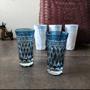 新品　手づくり切子グラスセット　切子ビアグラス　籠付き　青 ブルー CRYSTAL タンブラーグラス　冷酒グラス　ビール