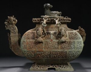 【清】某有名収集家買取品 中国・戦国時代 青銅器 蟠文龍口提梁壺 極細工 古置物 古擺件 古美術 唐物古董品