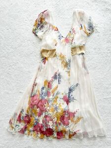 未使用 Blumarine size40 イタリア製花柄シルクシフォンワンピースドレス オフホワイト ブルーマリン ブルマリン