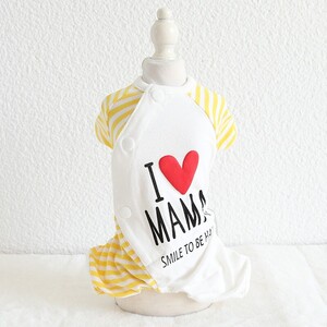 【100円スタート！】黄色（MAMA）Lサイズ◆犬服 ロンパース 前開き つなぎ カバーオール 新品 ドッグウェア 抜け毛対策 ペット用品 通年