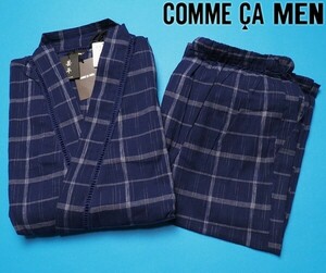 新品 COMME CA MEN コムサメン コットン100% 信玄袋付き 格子柄 甚平/ルームウェアL紺(360) CMJ238145