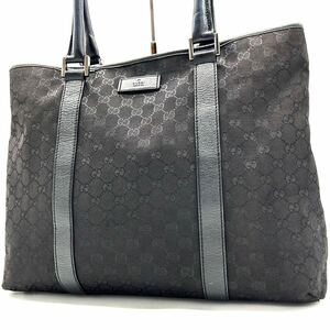 グッチ【美品】GUCCI トートバッグ GG柄 ロゴプレート レザー 本革 キャンバス A4収納可 肩掛け可 ビジネス ブラック メンズ レディース