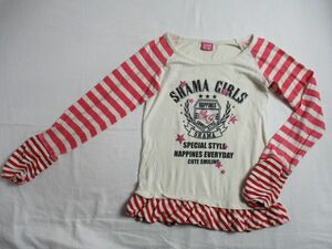 BE541【Shama GIRL・シャマガール】一部ラメプリント　ボーダー　ストレッチ　長袖　カットソー　訳有　女児　淡茶・淡赤　130