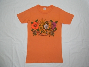 ☆未着用☆ 70s USA製 ビンテージ WHIP UM! HAWAII ハワイ サーフ Tシャツ sizeS 橙 ☆古着 両面プリント 花柄 POLY TEES CRAZY SHIRTS 80s