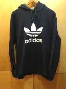 adidas アディダス スウェット パーカー トレフォイル ロゴ ネイビー メンズ M ジップポケット付き 古着