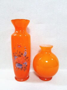 【レトロ ガラス製 オレンジ 花柄 丸形 フラワーベース 2個セット】花瓶/花器/硝子