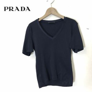 R1140-D-S◆美品◆ イタリア製 old PRADA プラダ 半袖ニット カットソー Vネック 薄手 レディース ◆ sizeS ネイビー 紺 コットン100