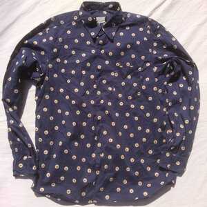 アニエスベー agnes b. agnesb. プリント 長袖 シャツ 総柄 navy blue ネイビーブルー ポプリン shirt france フランス製 44 S~M 