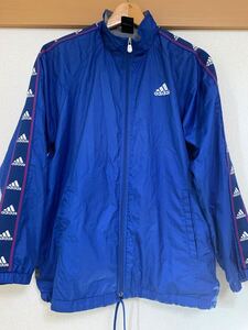 中古ウィンドブレーカー（160cm）adidas ブルー　ジップアップジャケット　 トレーニングジャンパー　 アディダス