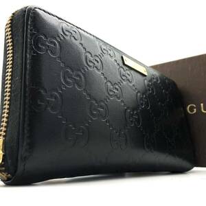 グッチ【極美品】GUCCI 長財布 ラウンドファスナー GGシマ ロゴプレート オールレザー 本革 ジッパー メンズ レディース 箱付き