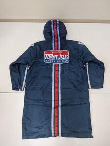 12. 90s00s TOMMY JEANS トミージーンズ デカロゴ 裏フリース ヴィンテージ ナイロン フーデッド ロング コート パーカー メンズM z901