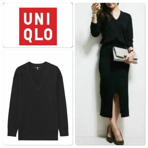 ユニクロ　UNIQLO メリノブレンドリブVネックセーター　S 黒　ブラック