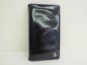 CHANEL シャネル 2つ折り 長財布 ブラック 黒 ウォレット 縦 エナメル レザー シール有