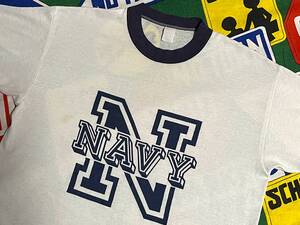 ★珍しいステンシルプリント入りの1枚★Made in USA製アメリカ製ビンテージNavyネイビーミリタリープリント紺色リンガーTシャツ90s90年代L