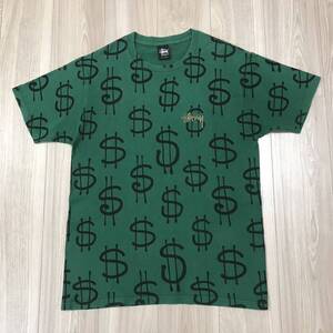 STUSSY OLD DOLLAR MONEY GREEN GOLD TEE HAVE A GOOD VIBE ステューシー ビンテージ 総柄 グリーン 黒タグ ドル 柄 緑 金 半袖 Tシャツ