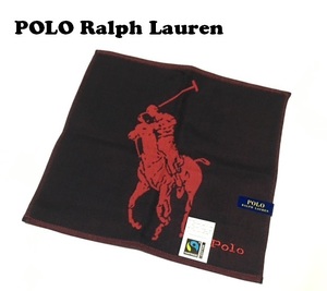 【POLO RALPH LAUREN】（NO.5829）ポロ ラルフローレン タオルハンカチ　黒×赤　ビッグポニー　25cm　フェアトレードコットン