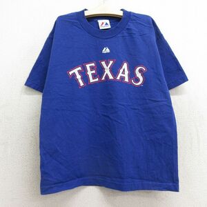 古着 マジェスティック 半袖 Tシャツ キッズ ボーイズ 子供服 MLB テキサスレンジャーズ マイケルヤング 10 コットン クルーネック 青