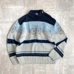 フランス製 vintage ショルダーZIP モックネックニット ブルー L